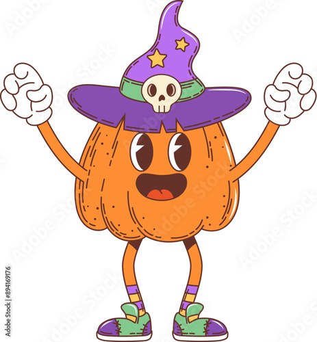 Cartoon retro groovy Halloween pumpkin character with boo face, vector monster. Halloween holiday horror night cartoon groovy pumpkin in witch hat with skull and funky face with boo scare gesture