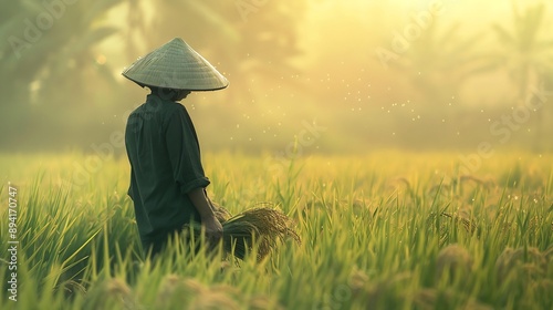 Silhouette of a Farmer in a Rice Paddy Field at Sunset