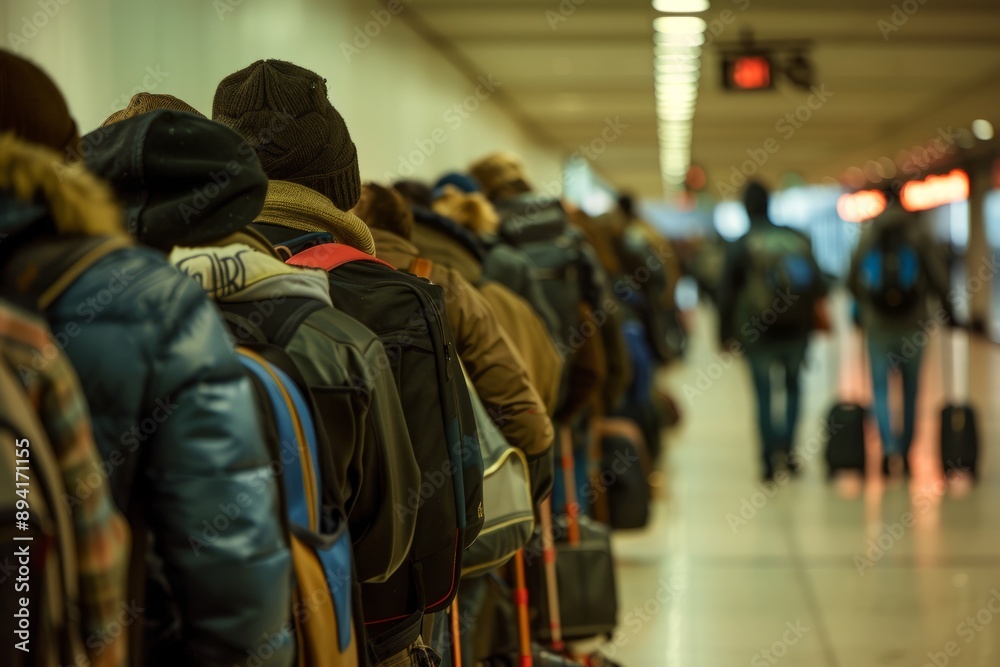 A long line of people were waiting at an airport crowd of travelers standing in a line that stretched into the distance A long line of people were waiting at an airport crowd of travelers standing in a line that stretched into the distance