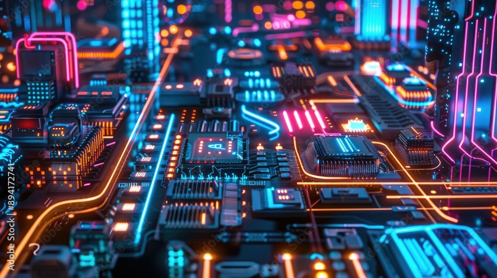 Fototapeta premium Neon-lit circuit boards creating a cityscape