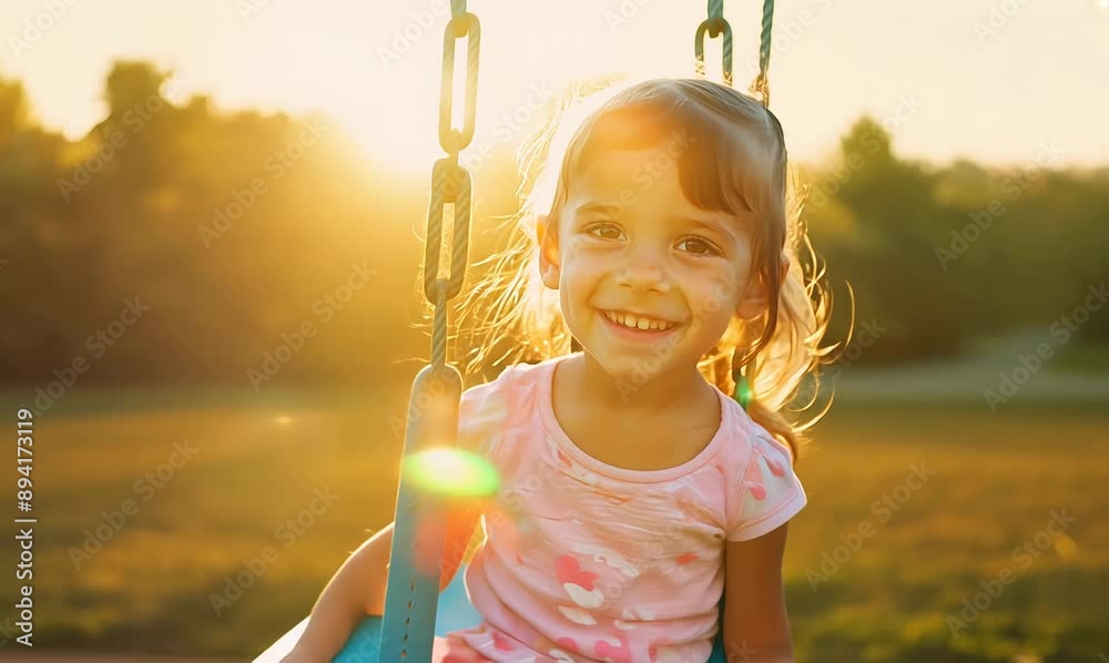 Adorable little girl swinging on a swing in the park at sunset