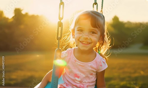 Adorable little girl swinging on a swing in the park at sunset