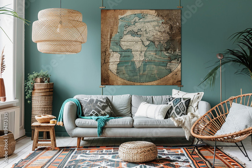 Stylish living room with a teal accent wall, rattan furniture, and a large world map, representing a blend of global and modern design. photo