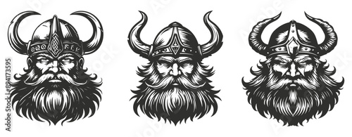 Viking warrior head with horned helmet, long beard,  hand drawn illustration ,generative ai
