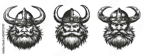 Viking warrior head with horned helmet, long beard,  hand drawn illustration ,generative ai

