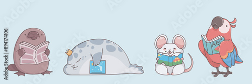 Cute funny childish animals reading - platypus with newspaper, white mouse and red parrot holding paper book with hard cover, fur seal with crown slipping with tale about princess. Cartoon vector set.