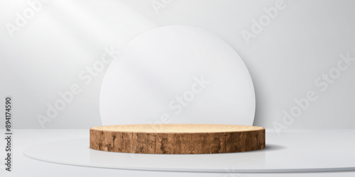 Wooden podium stage with tree bark and white arch for product display, vector mockup. Exhibition podium stage or display pedestal and showcase platform of wood log or stump cut with wooden texture