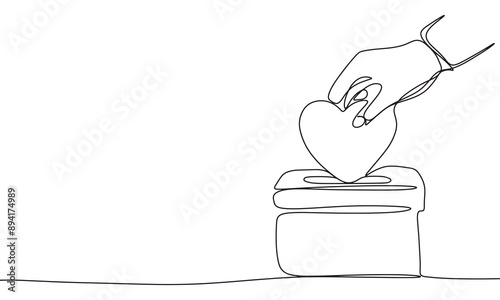 Heart in box one line continuous. Heart in hand line art. Hand drawn vector art.