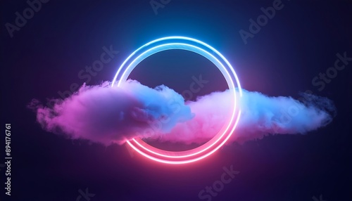 Neon Pink and Blue Ring Encircling White Cloud | Floating Against Deep Blue Backdrop | 3D Geometric Frame