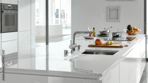 Sleek kitchen with white countertops and minimalist fixtures