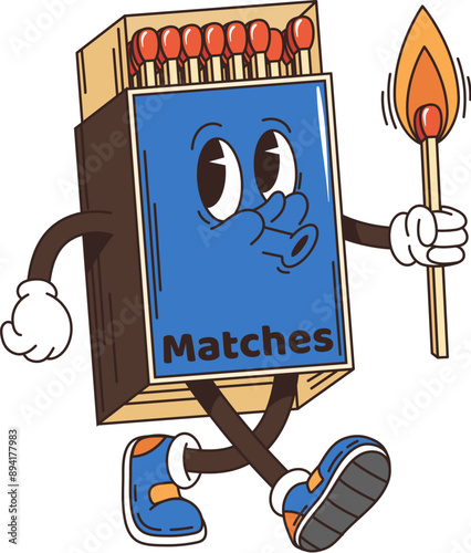 Groovy retro cartoon travel character, matches box with funky face, vector comic smile. Groovy travel emoji or emoticon of backpacker traveler or tourist box of matches with fire for summer vacations