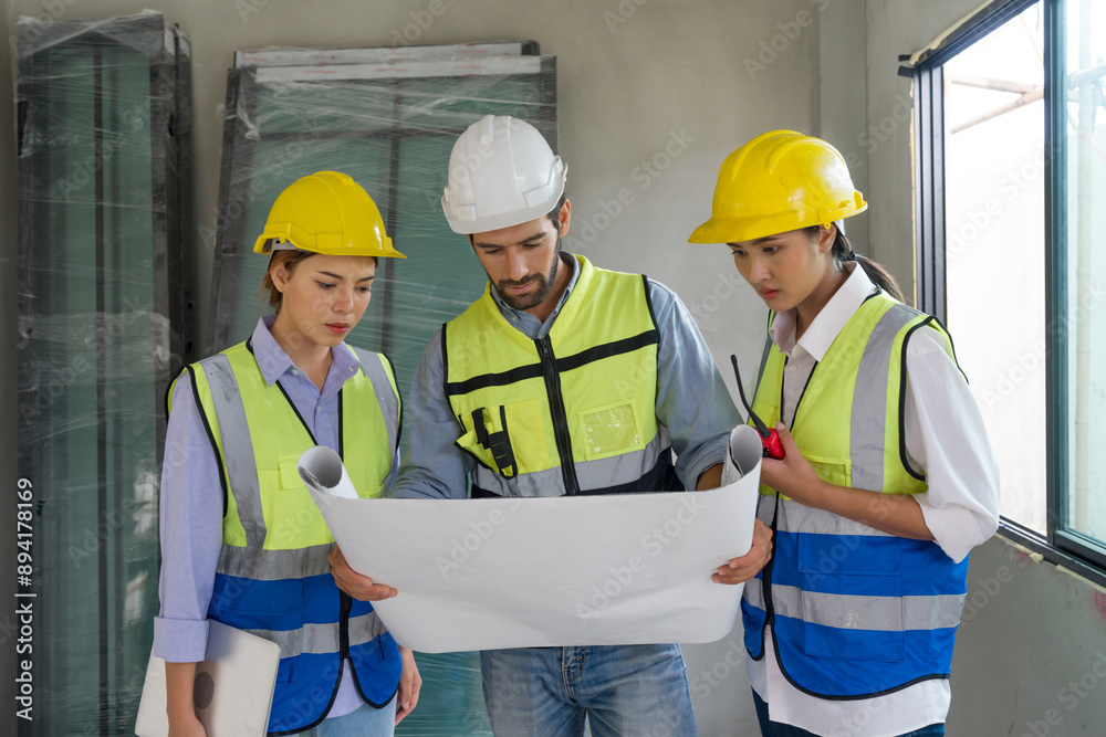 Young caucasian foreman in helmet and safety vest look at the construction plan. Work environment at construction site of housing project. Young caucasian foreman in helmet and safety vest look at the construction plan. Work environment at construction site of housing project.