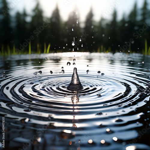 droplets of rain falling onto a puddle forming ripples and conce photo