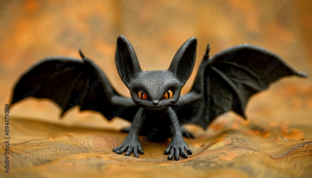 Obraz premium Spooky Black Bat Figurine with Glowing Orange Eyes and Spread Wings on a Glittering Surface