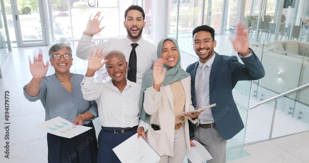 Documents, meeting and wave with a business team at work together in their office while greeting. Portrait, happy and smile with an international employee group waving hello while reading paper