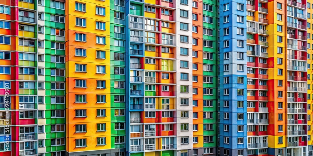 High-rise residential building with a vibrant multi-colored facade and rows of windows, high-rise, residential High-rise residential building with a vibrant multi-colored facade and rows of windows, high-rise, residential