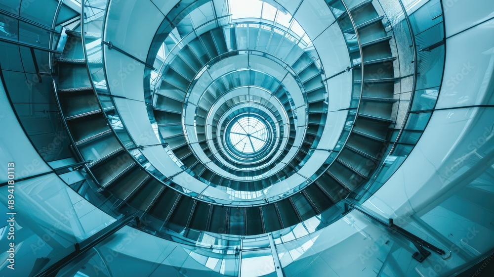 Naklejka premium Spiral staircase inside a modern cylindrical building with glass floors