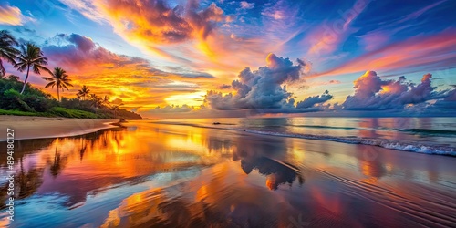 Beautiful sunset over the tropical beach with colorful sky reflected on the calm ocean surface, sunset, beach, tropical, colorful