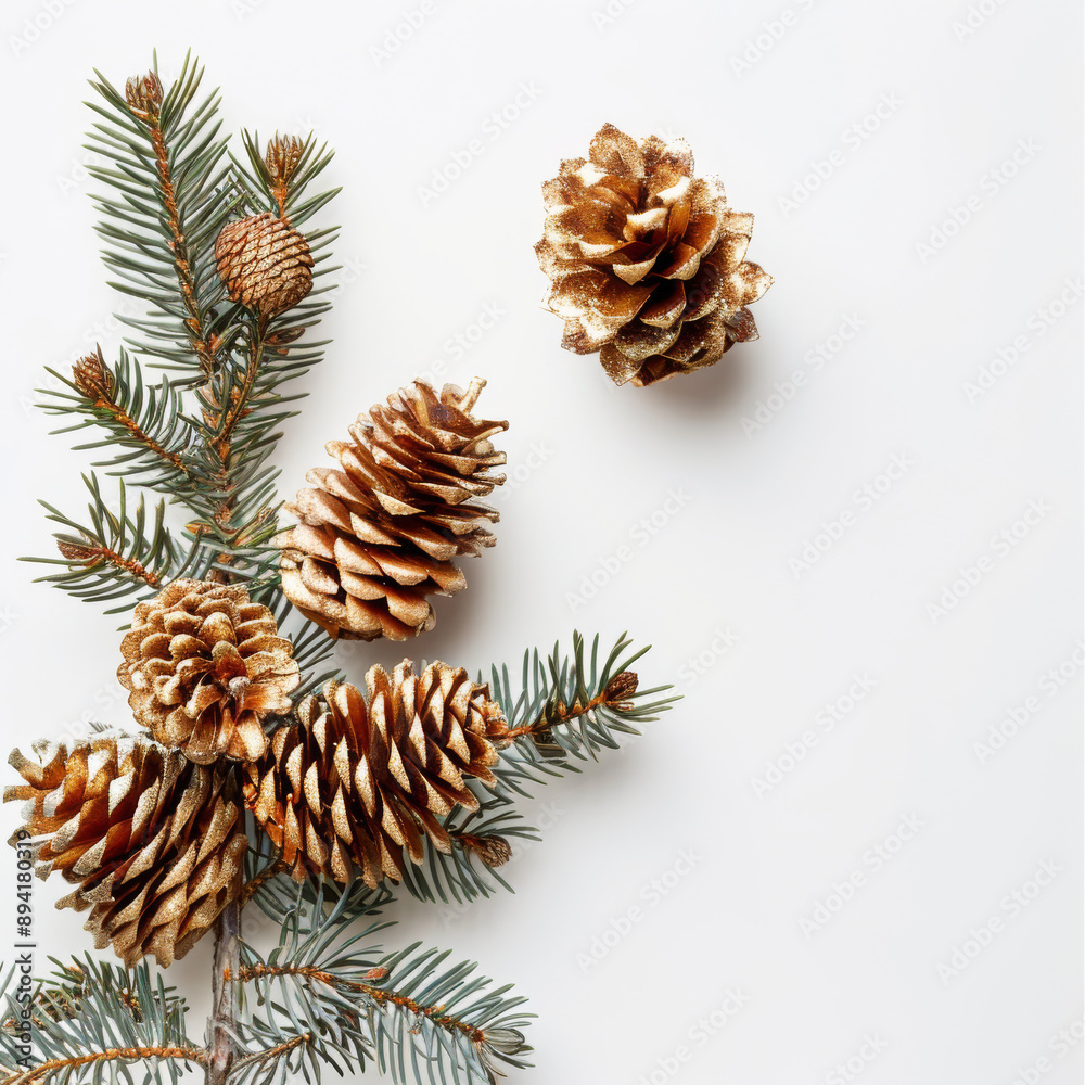 A Christmas tree branch with gold pine cones on a white background A Christmas tree branch with gold pine cones on a white background