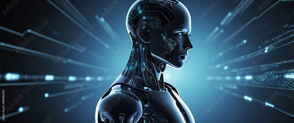 A futuristic robotic profile showcasing advanced technology and digital circuitry, symbolizing innovation and the future of artificial intelligence A futuristic robotic profile showcasing advanced technology and digital circuitry, symbolizing innovation and the future of artificial intelligence