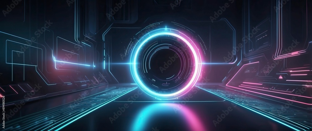 A mesmerizing abstract digital landscape featuring a glowing neon circle, ideal for technology, innovation, and futuristic concepts