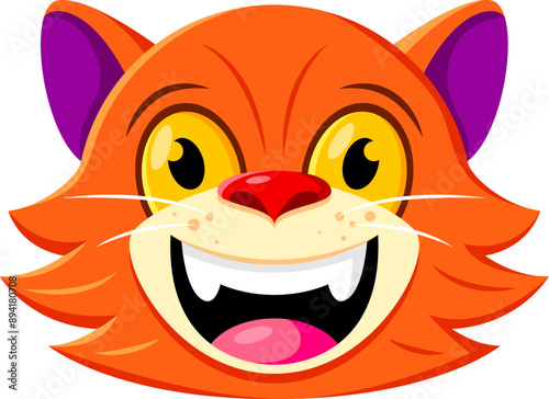 Halloween holiday cat emoji. Cartoon feline character with wide yellow eyes, red fur and playfully spooky toothy grin. Isolated vector cute and eerie animal emotion for festive messages and posts