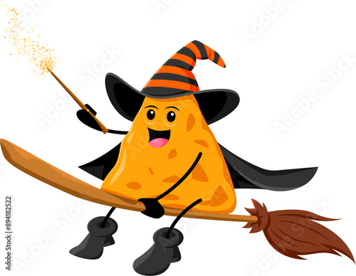 Cartoon Halloween nachos tex mex fast food mage, wizard and witch character. Isolated vector mexican meal personage wields magical powers, riding a broom, casting spells with a wand and spreading joy