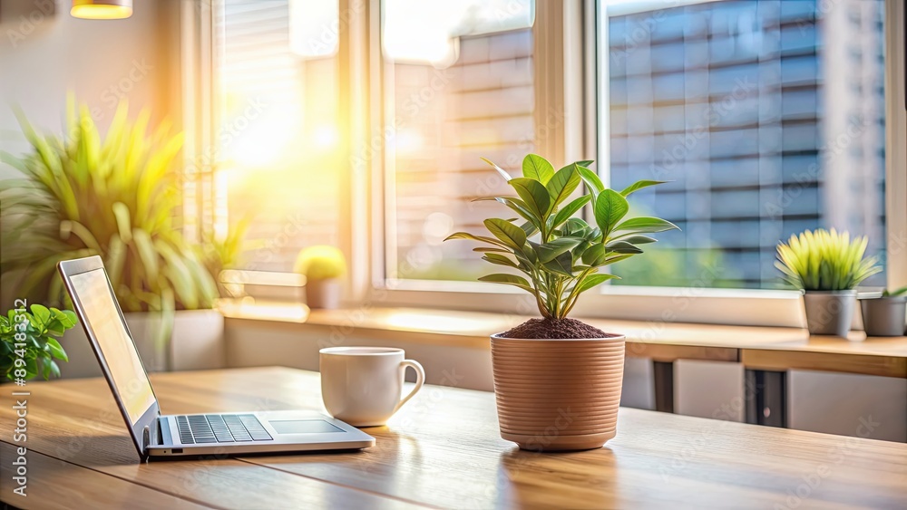Plant on desk with natural light pouring in, creating a serene workspace, plant, desk, photography, green, leaves Plant on desk with natural light pouring in, creating a serene workspace, plant, desk, photography, green, leaves