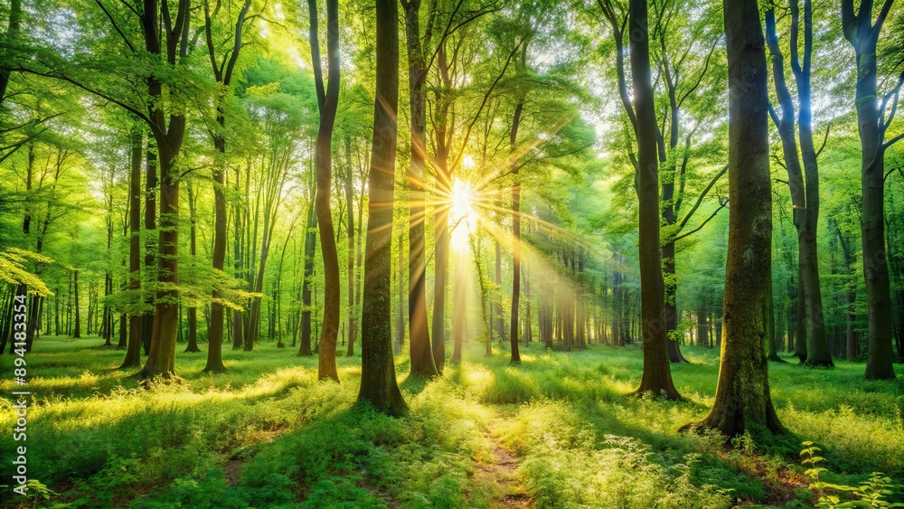 Obraz premium Beautiful sunlight streaming through lush green trees in a serene forest clearing, nature, landscape, scenery, sunbeams