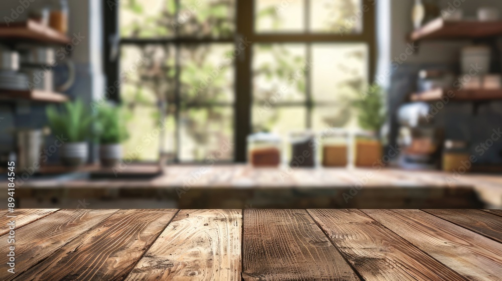 Wooden table with blurred kitchen window background Wooden table with blurred kitchen window background