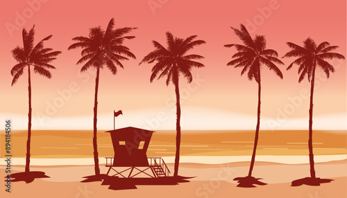 Beach landscape with Lifeguard Tower, Station. Palms, sea, ocean, coast view