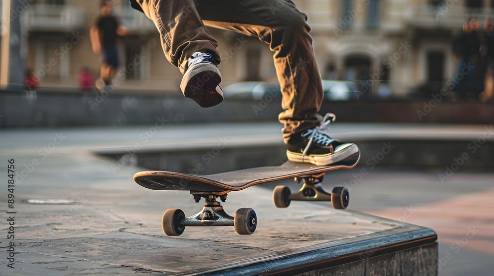 Naklejka premium Skateboarding Trick: A skateboarder performing an ollie, board and feet in mid-air above the pavement. 