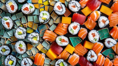 Sushi pieces forming a colorful mosaic pattern