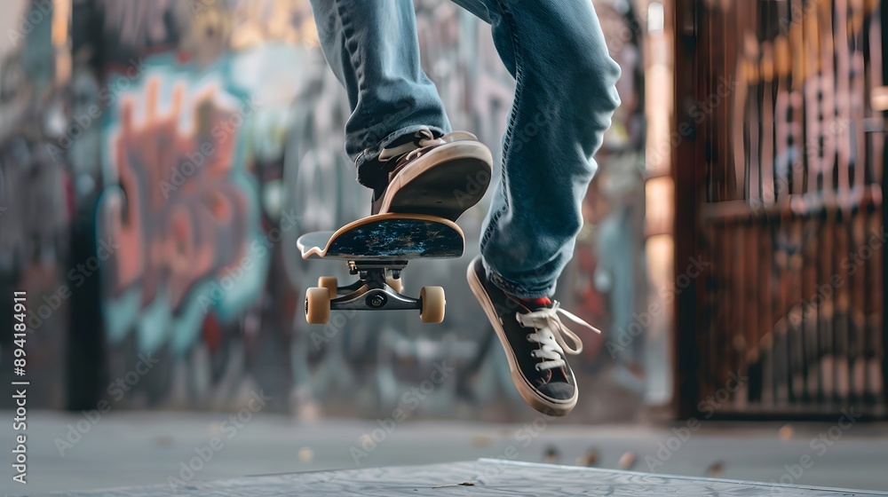 Skateboarding Trick: A skateboarder performing an ollie, board and feet in mid-air above the pavement.
Skateboarding Trick: A skateboarder performing an ollie, board and feet in mid-air above the pavement.