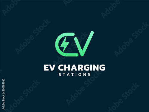 Electric Vehicle Charger letter EV with Lightning Bolt Symbol in letter E logo vector design concept. Letter EV logotype symbol for Electric Car, EV station, Electric Vehicle industry, ui, energy, web