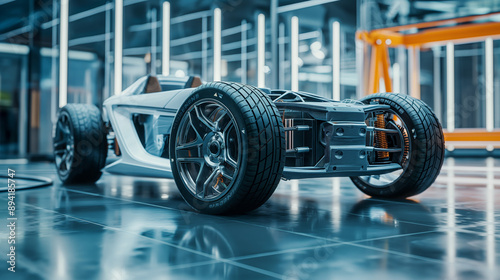 Futuristic Electric Sports Car Chassis and Battery Packs in High-Tech EV Factory Production Scene