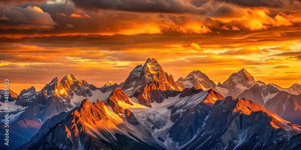 Obraz premium Sunset casting warm glow on the mountain peaks, mountains, sunset, evening, dusk, colorful, serene, nature, majestic