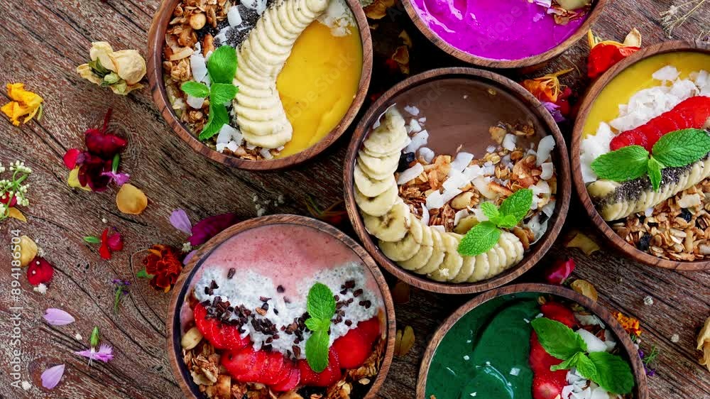 Beautiful Bowls of Healthy Smoothie with Ripe Fruits and Juicy Berry on Wood Table Close Up. Top View on Fresh Summer Meal of Raw Banana and Acai Puree. Red Strawberry with Grains and Nuts for Dining Beautiful Bowls of Healthy Smoothie with Ripe Fruits and Juicy Berry on Wood Table Close Up. Top View on Fresh Summer Meal of Raw Banana and Acai Puree. Red Strawberry with Grains and Nuts for Dining