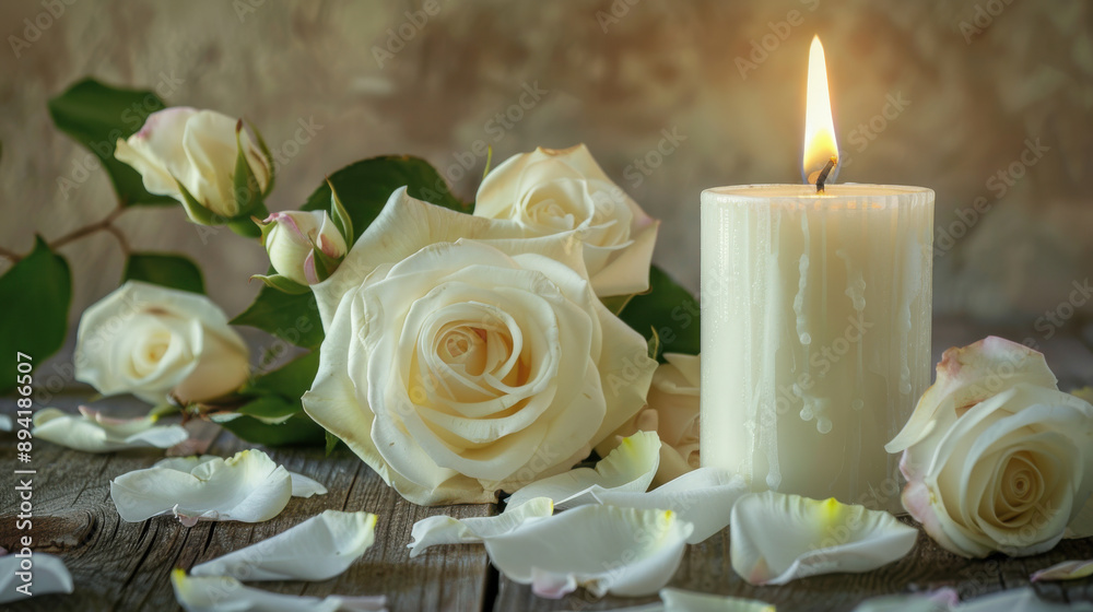 Sympathy card with a white candle, roses, and flower petals, conveying condolences Sympathy card with a white candle, roses, and flower petals, conveying condolences