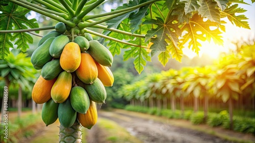 Ripe papaya fruits hanging from tree in garden, papaya, fruits, tree, garden, Washington DC, ripe, fresh, organic