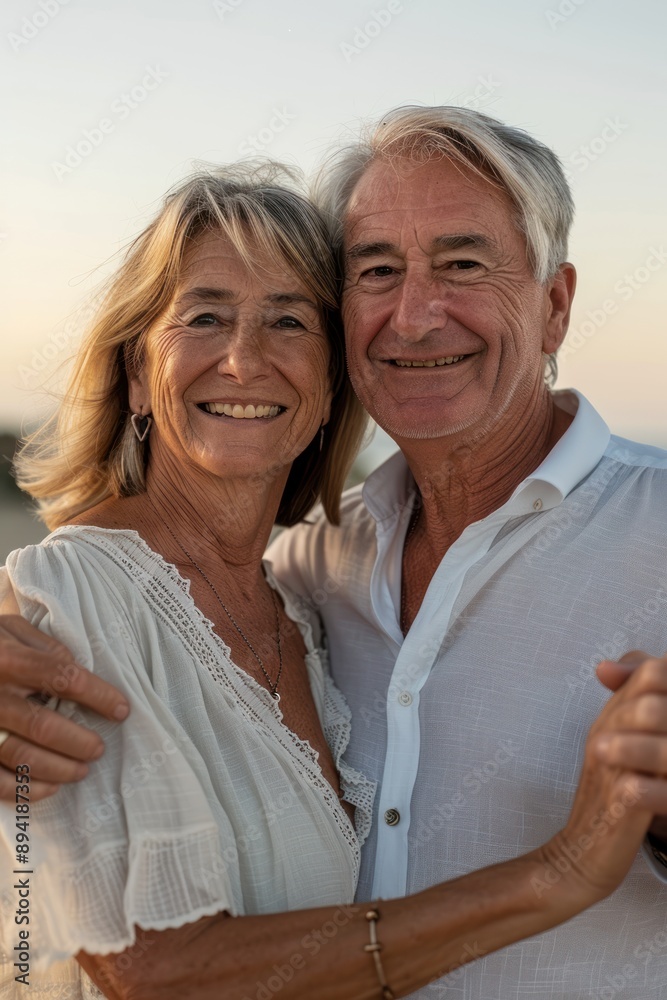 Obraz premium Close-up of an elderly couple dancing by the seaside, wearing comfortable clothes, joyful expressions and a scenic ocean backdrop, Portrait close-up, hyper-realistic, high detail, photorealistic,