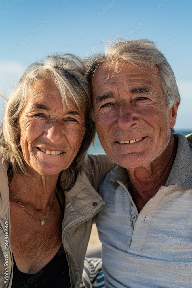 Close-up of an elderly couple enjoying a picnic by the sea, wearing sporty outfits, relaxed and happy expressions, ocean and sky in the background, Portrait close-up, hyper-realistic, high detail, Close-up of an elderly couple enjoying a picnic by the sea, wearing sporty outfits, relaxed and happy expressions, ocean and sky in the background, Portrait close-up, hyper-realistic, high detail,