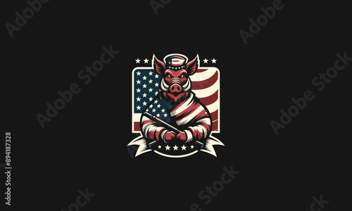 cartoon boar hold flag american vector mascot design photo