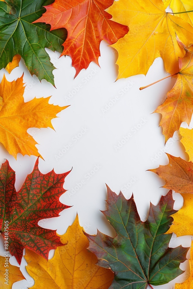 Fototapeta premium Colorful Autumn Maple Leaves Border Frame on White Background, Top View, Copy Space for Text