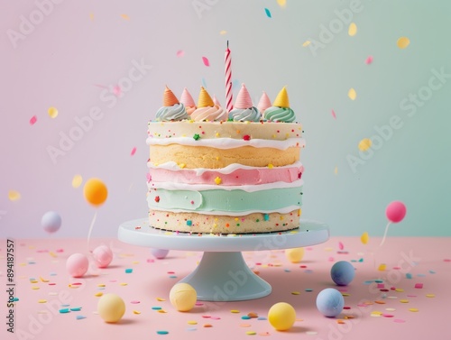 birthday cake on pastel background - ai