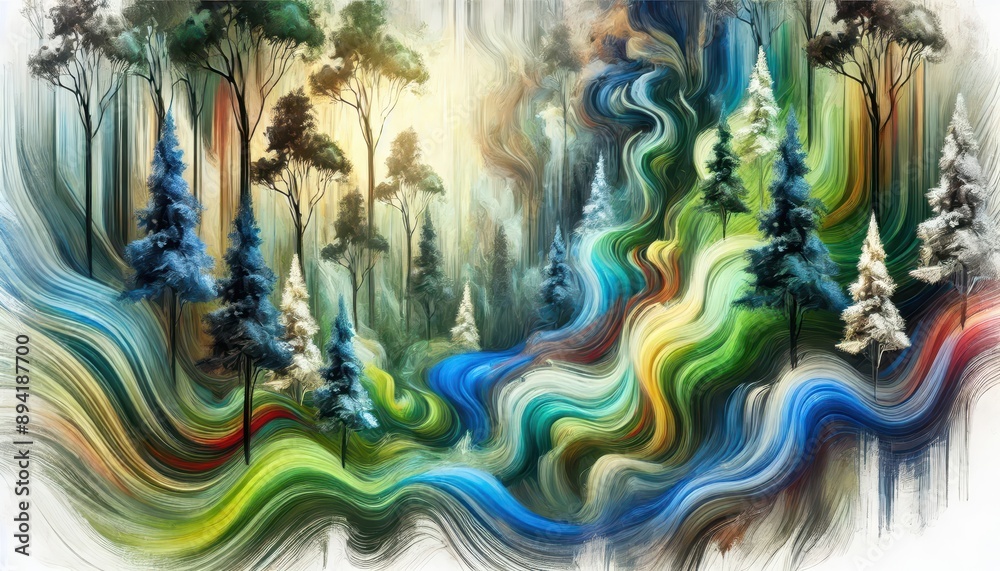 Fototapeta premium Abstract Painting of Trees in a Forest with Wavy Lines.