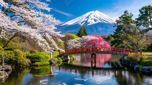 A serene Japanese garden with cherry blossom trees in full bloom. #894187749