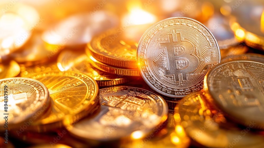 Bitcoin coin highlighted among a pile of coins, with a detailed Bitcoin coin highlighted among a pile of coins, with a detailed