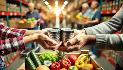 Hands Holding Canned Goods In Food Bank Donation. photo