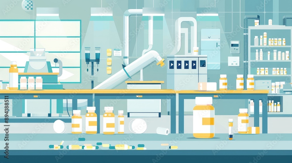 Modern Pharmaceutical Laboratory with Advanced Equipment and Bottles